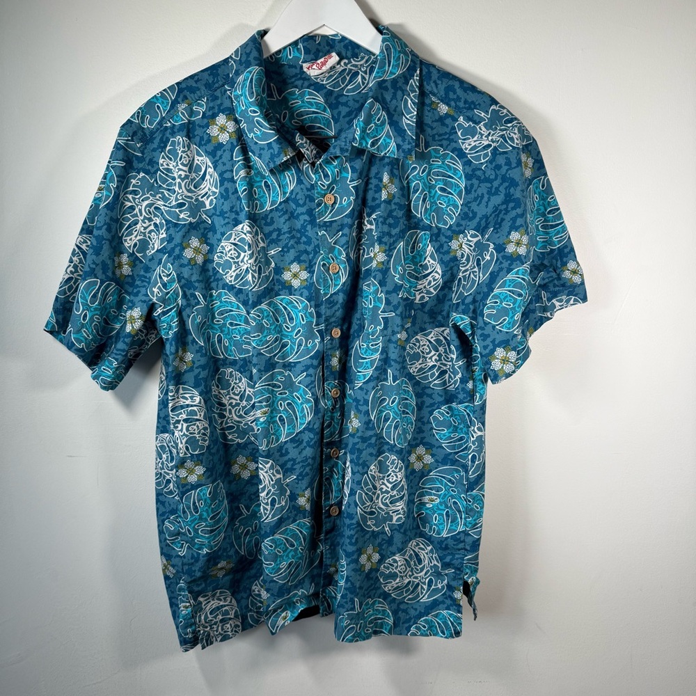 Barefoot in Paradise Hawaiian Shirt Men’s Large Blue Leaf Floral Aloha Royals